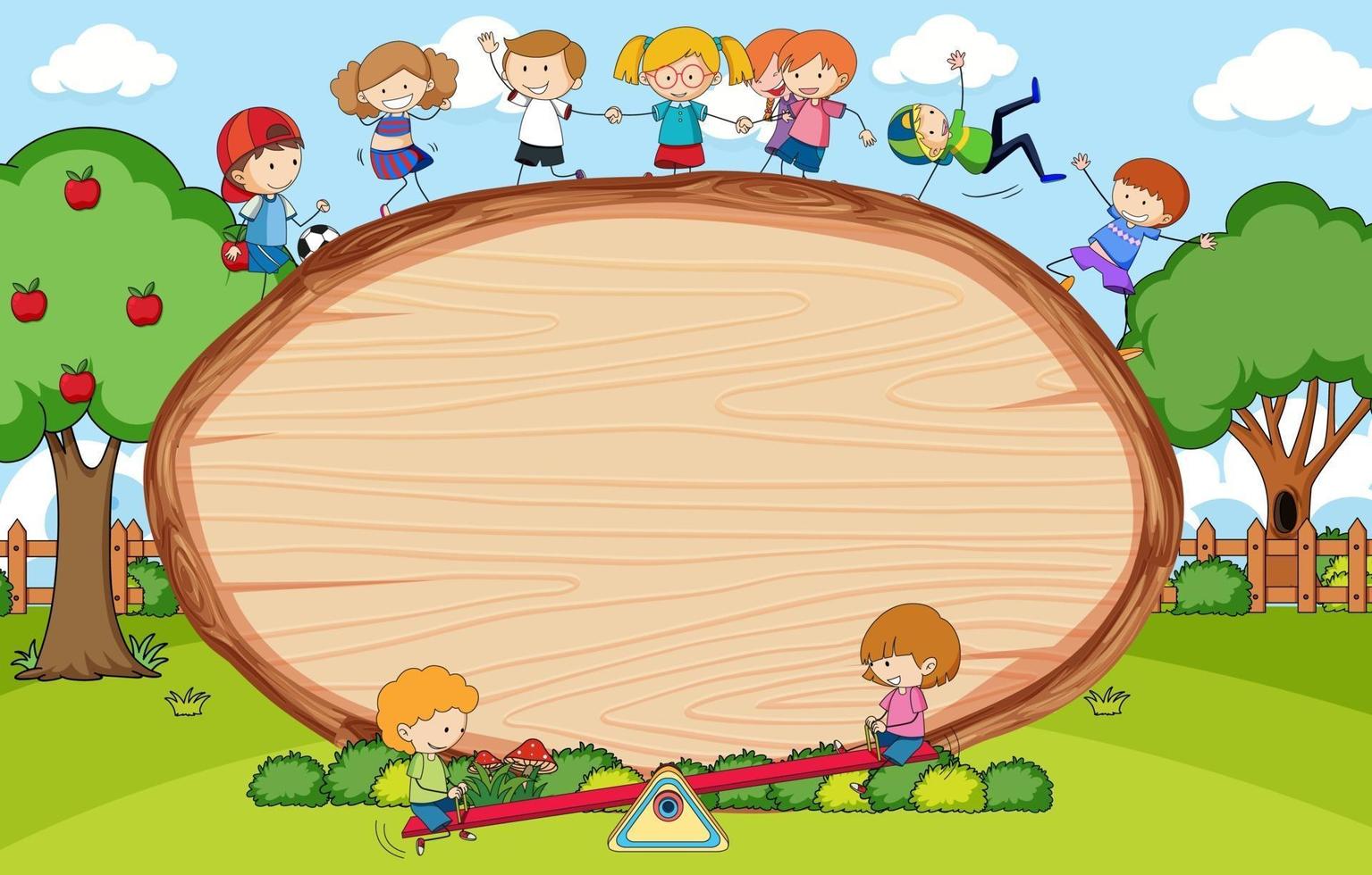 cena do parque com uma placa de madeira em branco em forma oval com crianças doodle personagem de desenho animado vetor