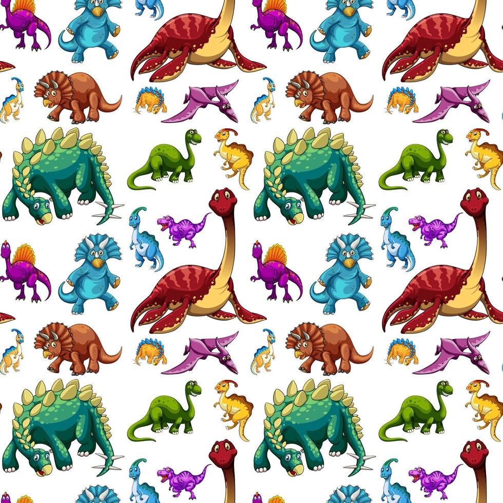 padrão sem emenda com vários dinossauros em fundo branco vetor