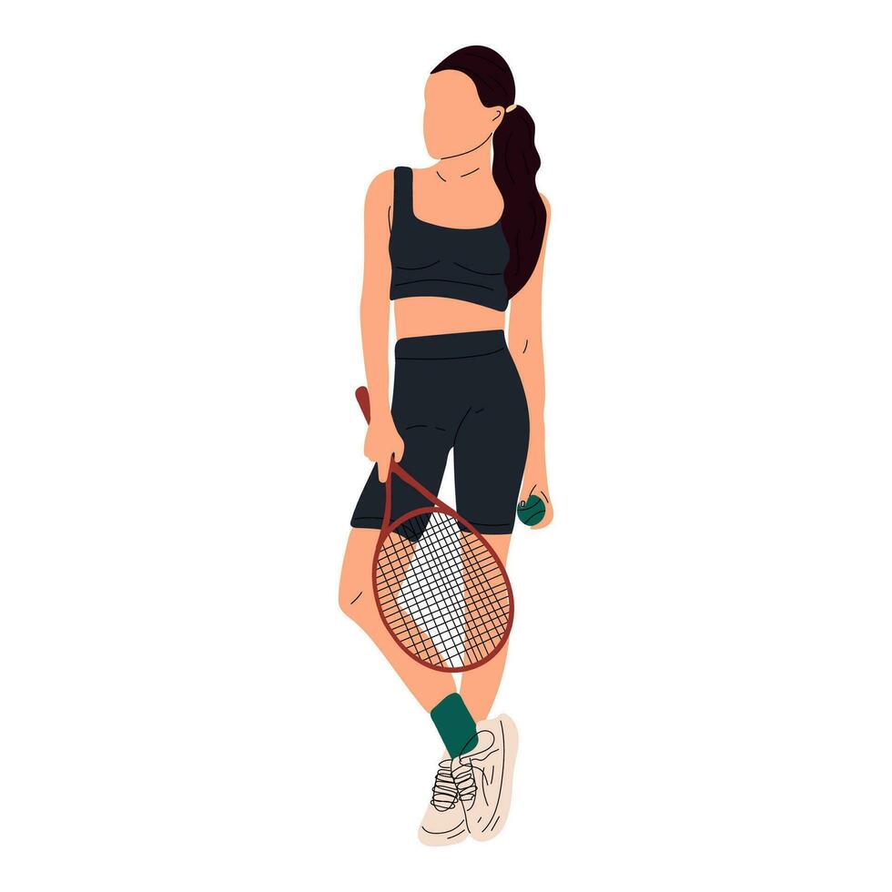 colorida desportista grande tênis jogador. profissional Esportes fêmea segurando raquete e batendo bola isolado em branco. menina personagem dentro na moda roupa de esporte vetor