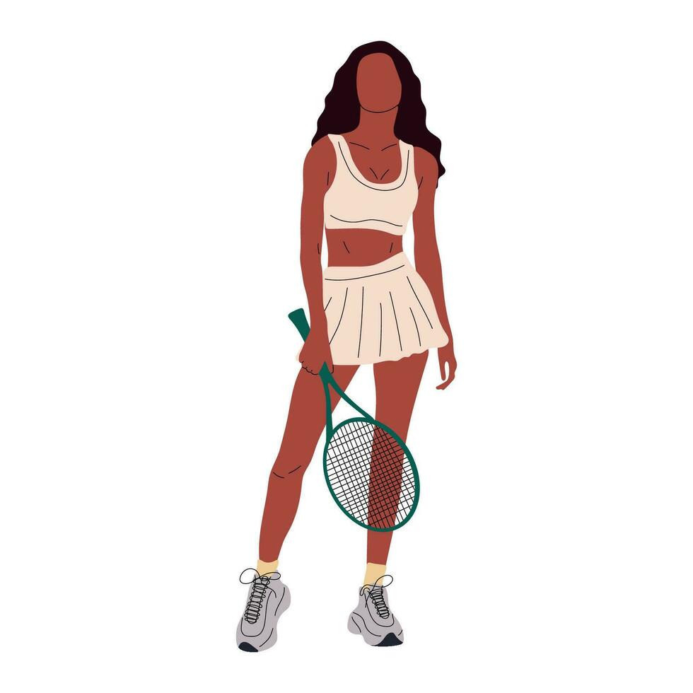 colorida desportista grande tênis jogador. profissional Esportes fêmea segurando raquete e batendo bola isolado em branco. menina personagem dentro na moda roupa de esporte vetor
