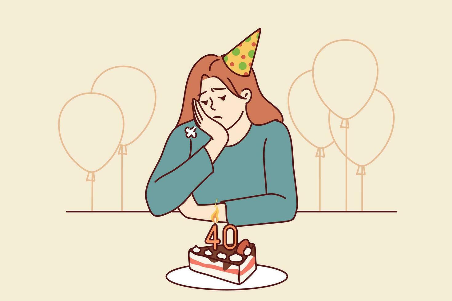 solitário mulher às aniversário festa com bolo e balões é triste vencimento para aproximação do velho era ou falta do amigos. angustiado menina dentro aniversário chapéu senta às festivo mesa e necessidades psicológico Apoio, suporte vetor