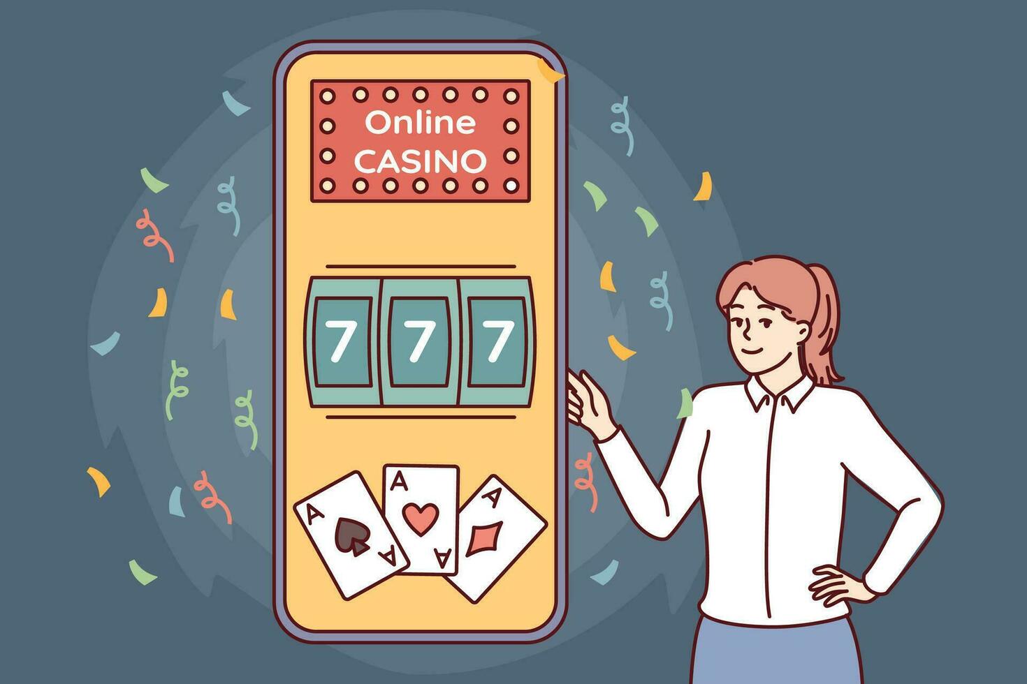 mulher perto telefone com conectados cassino ofertas para usar jogos de azar formulários com possibilidade do obtendo jackpot. gigante Smartphone com Internet cassino local na rede Internet para jogos com grande dinheiro prêmio vetor