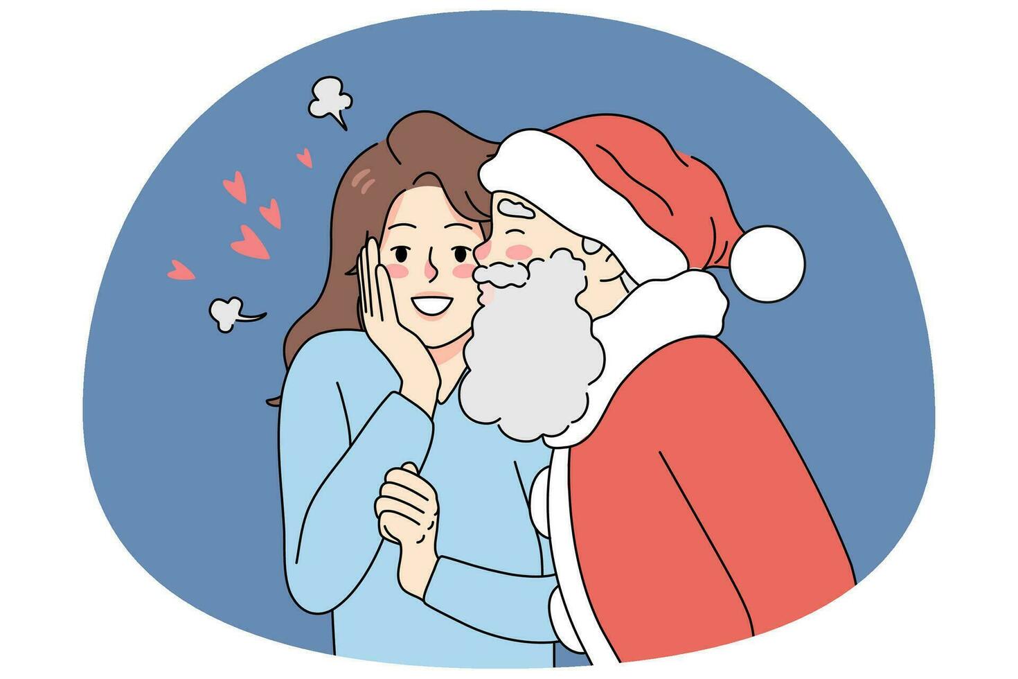 santa claus dentro vermelho traje se beijando animado jovem mulher dentro bochecha. Novo ano e Natal celebração. inverno feriados. plano vetor ilustração.
