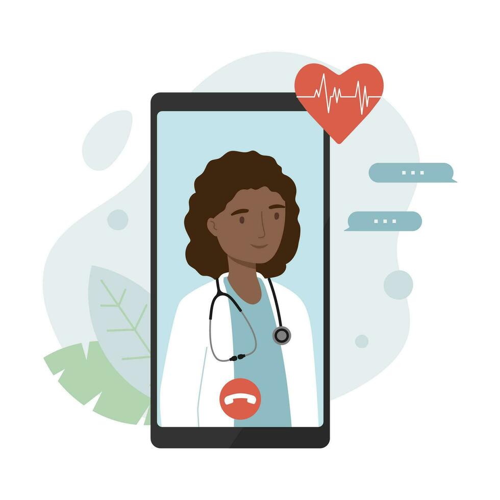 médico conectados serviço. jovem fêmea médico dentro Smartphone. remédio e cuidados de saúde conceito. vetor