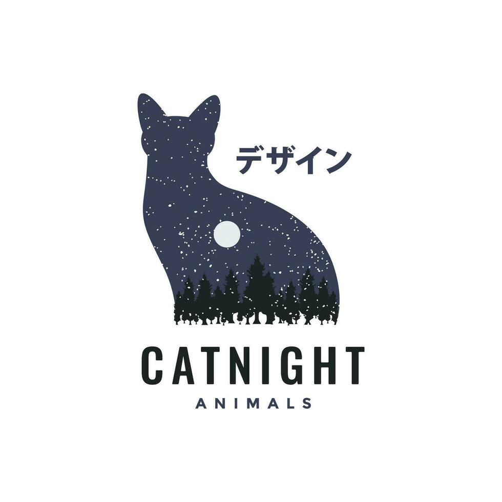 gato animais de estimação noite floresta lua mascote logotipo vetor ícone ilustração