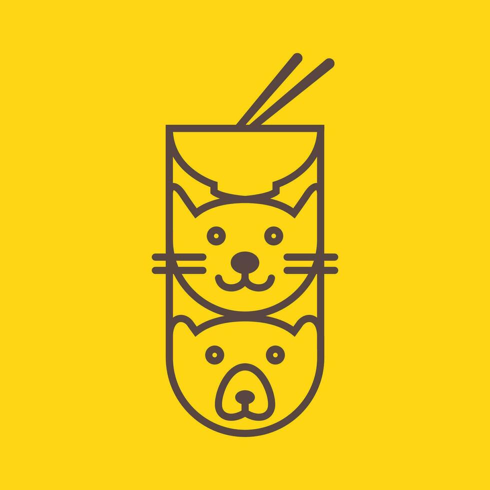 animal gato e Urso macarrão Comida tigela linhas mínimo mascote logotipo vetor ícone ilustração