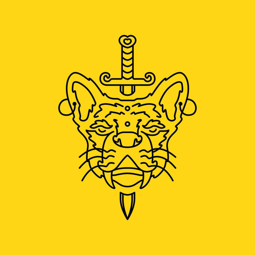 antigo tigre com espadas linhas mínimo simples mascote logotipo vetor ícone ilustração