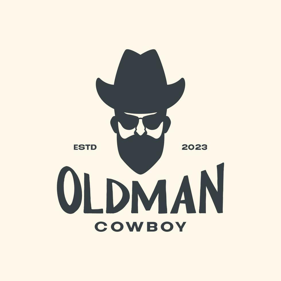 velho homem barbudo chapéu vaqueiro vintage hipster mascote logotipo ícone vetor ilustração