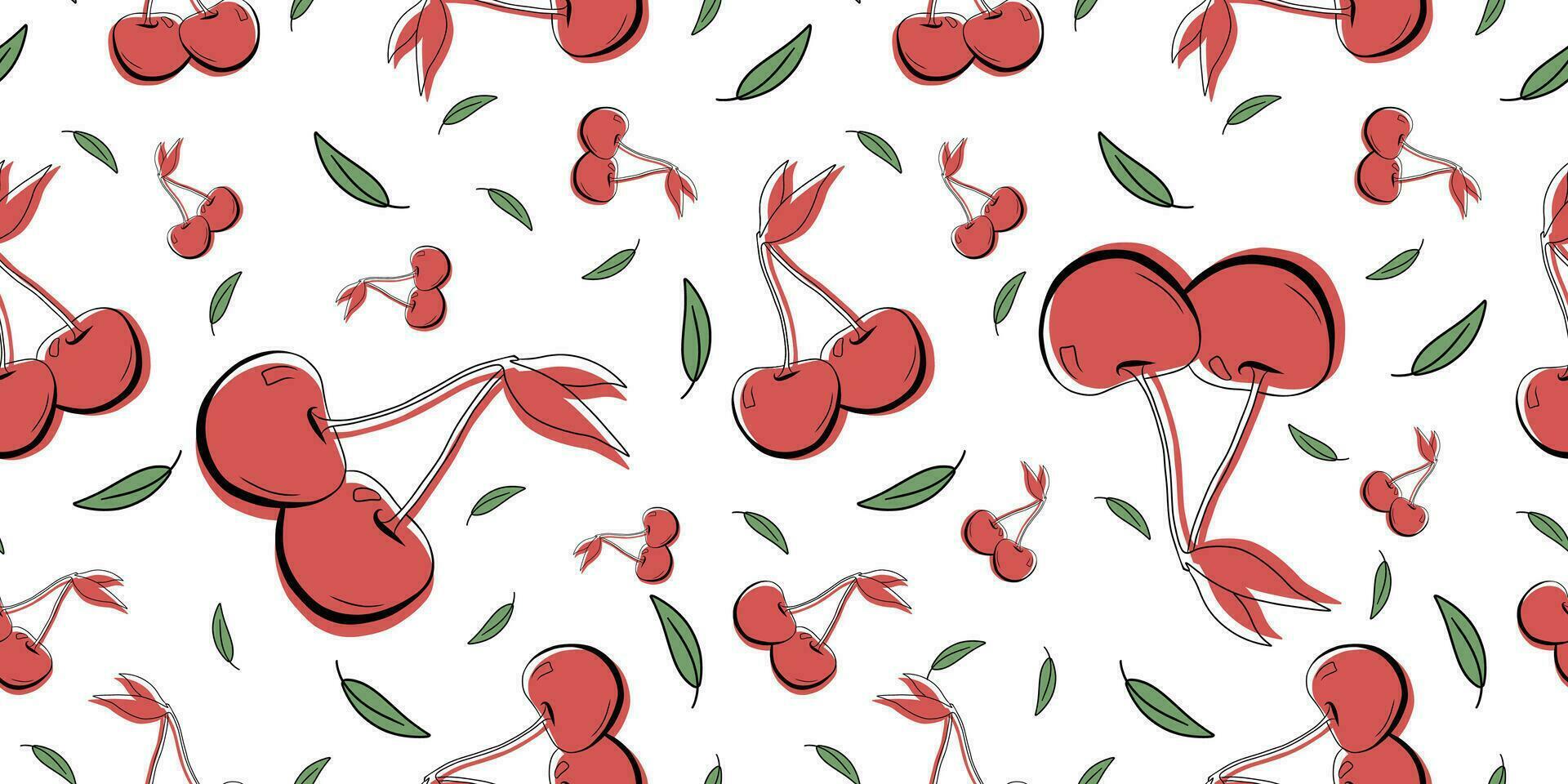 desatado brilhante branco, vermelho, verde padronizar com fresco delicioso cerejas, cereja para tecido, desenhando rótulos, impressão em camiseta, papel de parede do crianças sala, fruta fundo. vetor