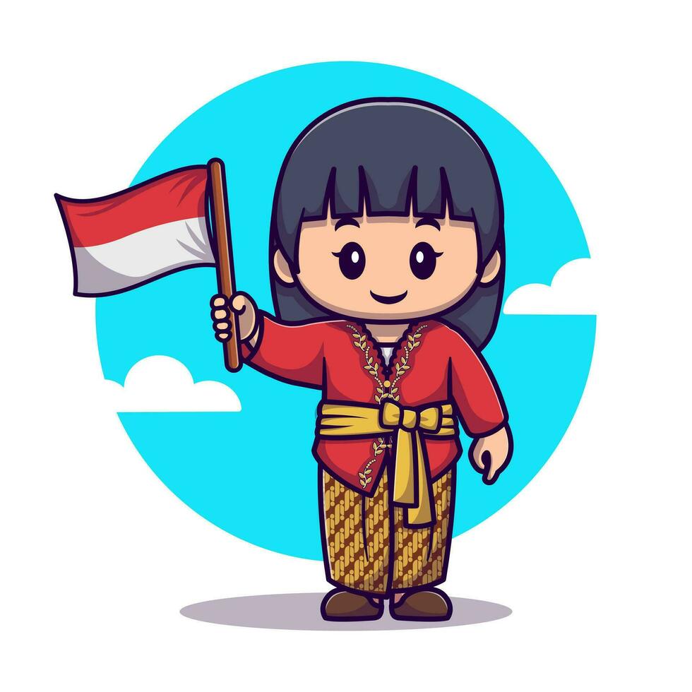 fofa menina vestindo tradicional roupas e segurando indonésio bandeira desenho animado vetor ícone ilustração