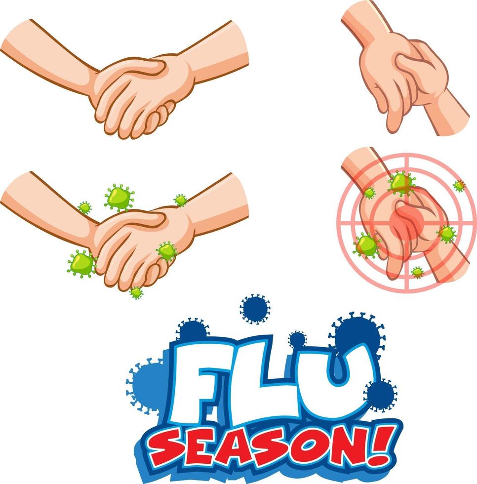Projeto de fonte para a temporada de gripe com propagação de vírus por apertar as mãos em fundo branco vetor
