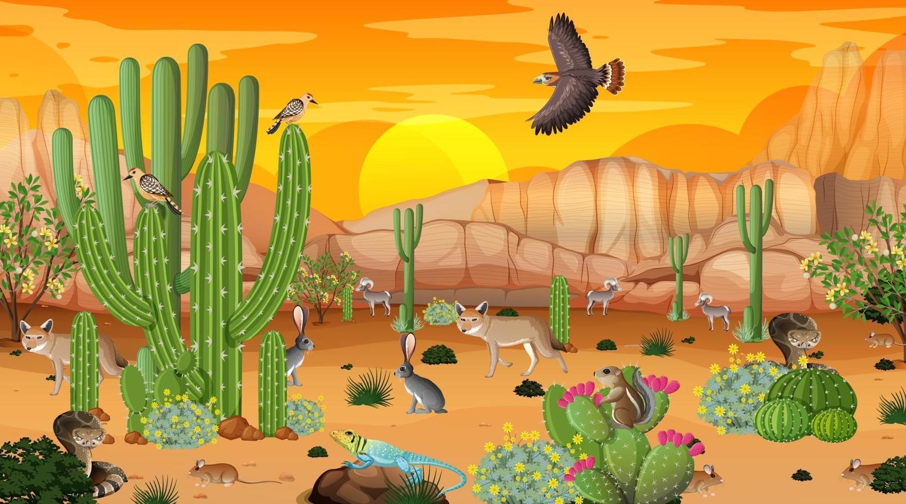 paisagem da floresta do deserto ao pôr do sol cena com animais selvagens vetor