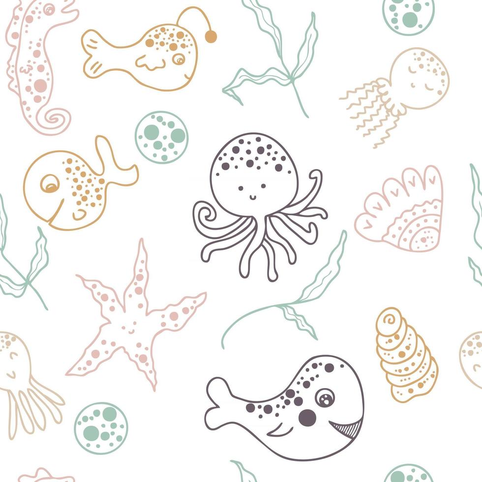 estilo cartoon doodle padrão sem emenda de animais marinhos vetor