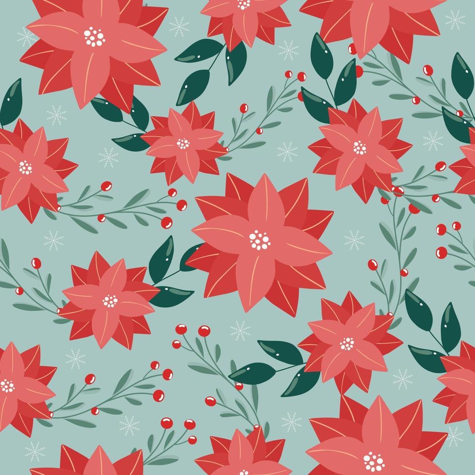 feliz ano novo e feliz natal ilustração de inverno sem costura padrão com flores e folhas de natal de poinsétia flocos de neve colorido elemento de design de cor brilhante para embalagem cartões postais banners tecidos de malha vetor