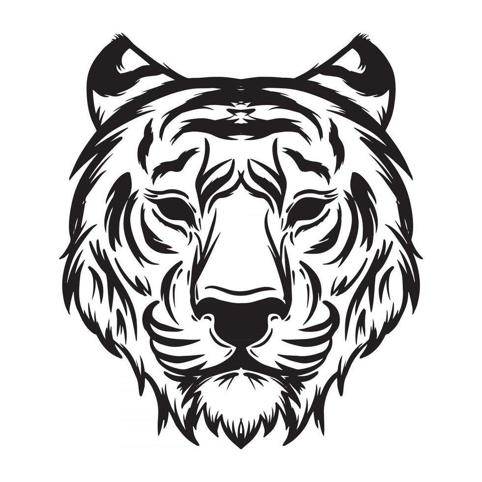 mão desenhando ilustração vetorial de cabeça de tigre em preto e branco vetor