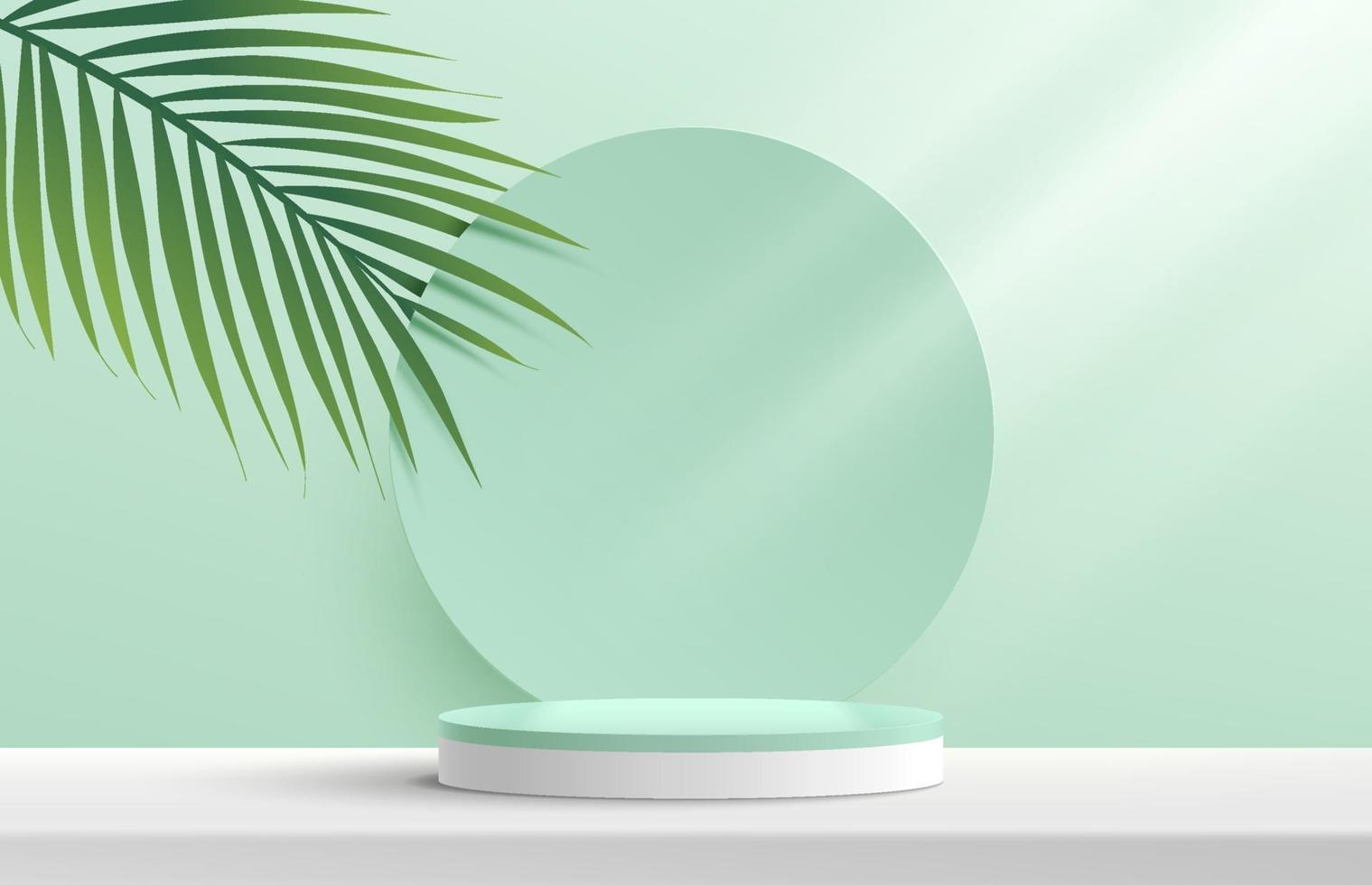 moderno pódio de pedestal em cilindro verde e branco. pano de fundo do círculo verde pastel com folha de coco verde. vetor abstrato renderização apresentação de exibição de produto de forma 3d. cena de parede mínima. conceito de verão.