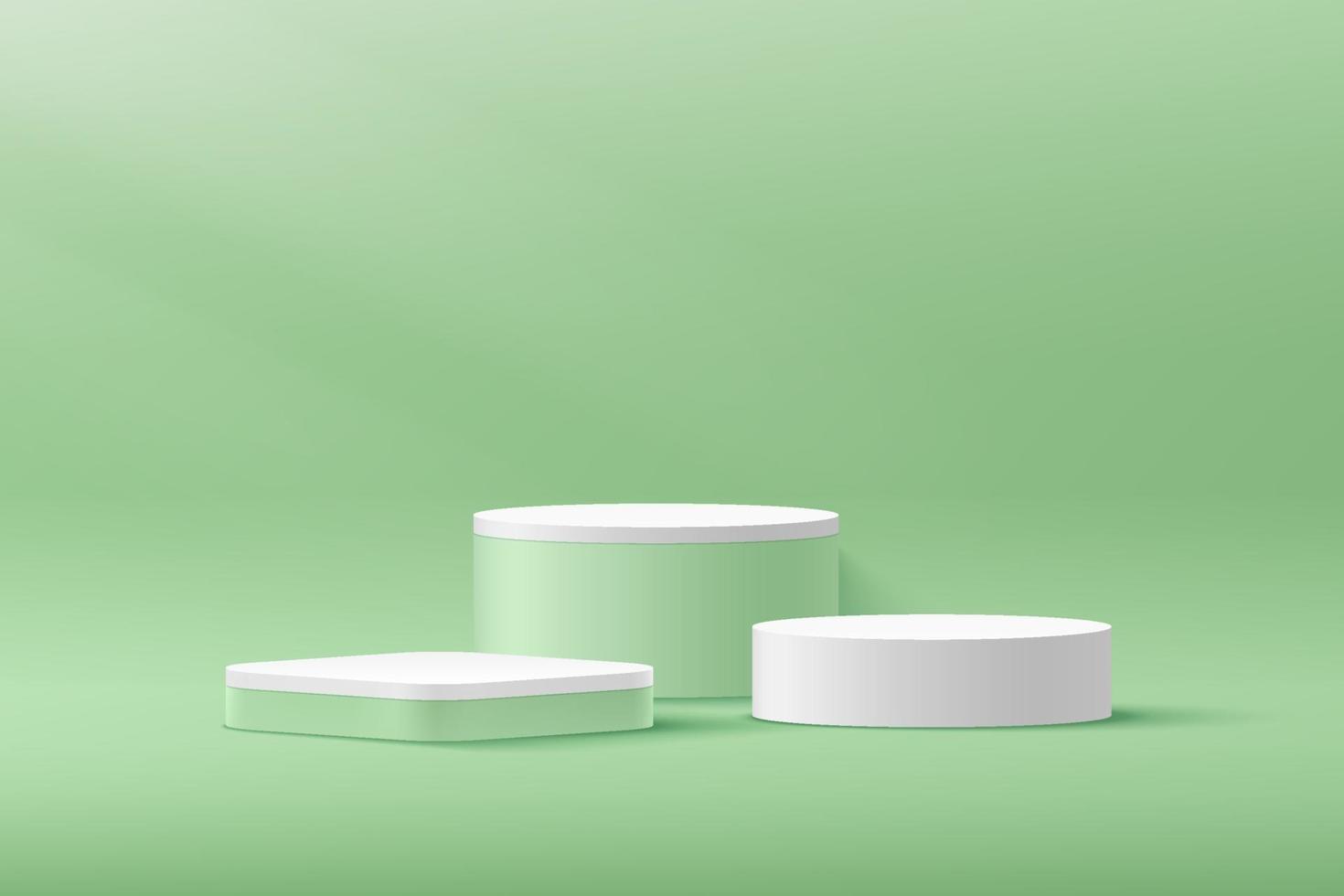 cilindro branco moderno, pódio de pedestal de cubo verde, sala vazia verde clara com sombra de janela. vetor abstrato renderização de forma 3d, apresentação de exibição de produtos cosméticos. cena mínima do quarto pastel.