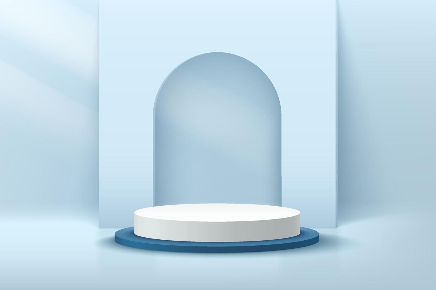moderno pódio de pedestal de cilindro branco e azul na sala vazia azul claro. vetor abstrato renderizando forma 3d para apresentação de exibição de produtos cosméticos. sala de estúdio de cena minimalista em tons pastel.