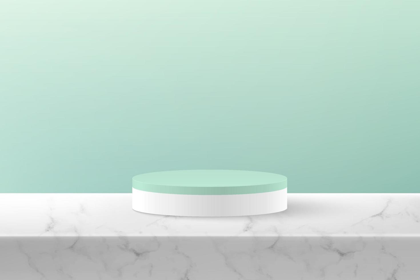 vetor abstrato renderizando forma 3d para apresentação de exibição de produtos cosméticos. moderno pódio de pedestal de cilindro branco e verde com sala vazia verde e fundo de mármore. conceito de sala de estúdio.