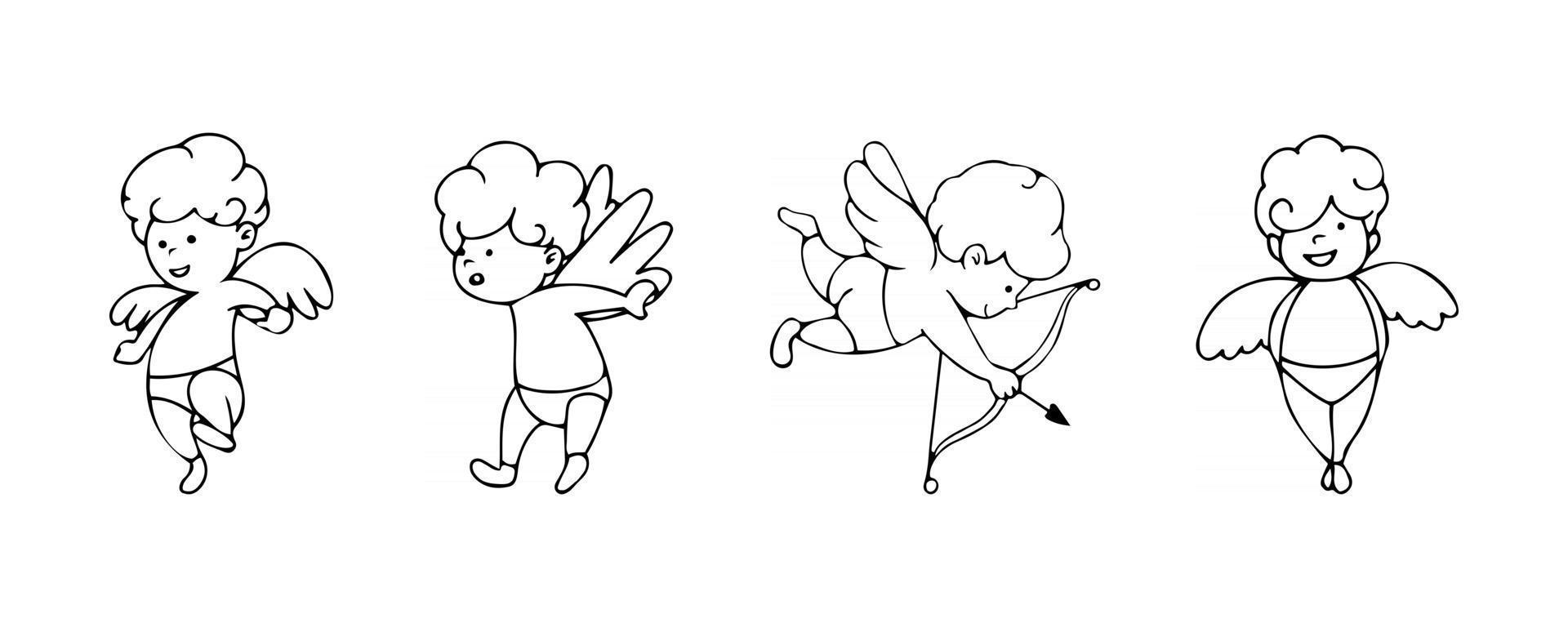 conjunto de cupidos em estilo de desenho de desenho animado isolado no fundo. coleção simples de rabiscos com cupidos. delinear a ilustração vetorial para o dia dos namorados. vetor