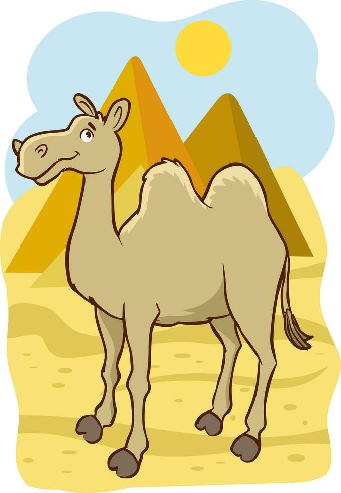 camelo dentro egípcio deserto com pirâmides. vetor desenho animado ilustração do panorama com, amarelo areia dunas, antigo faraó túmulos e quente Sol dentro céu