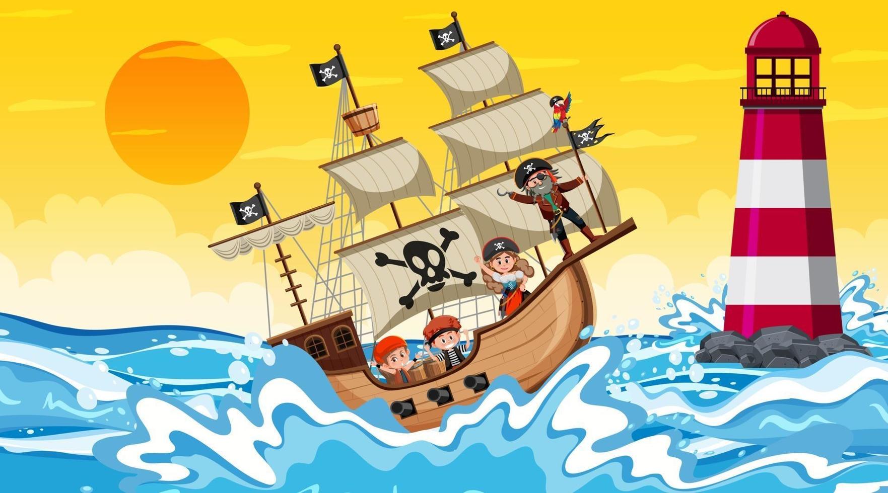 oceano com navio pirata na cena do pôr do sol em estilo cartoon vetor