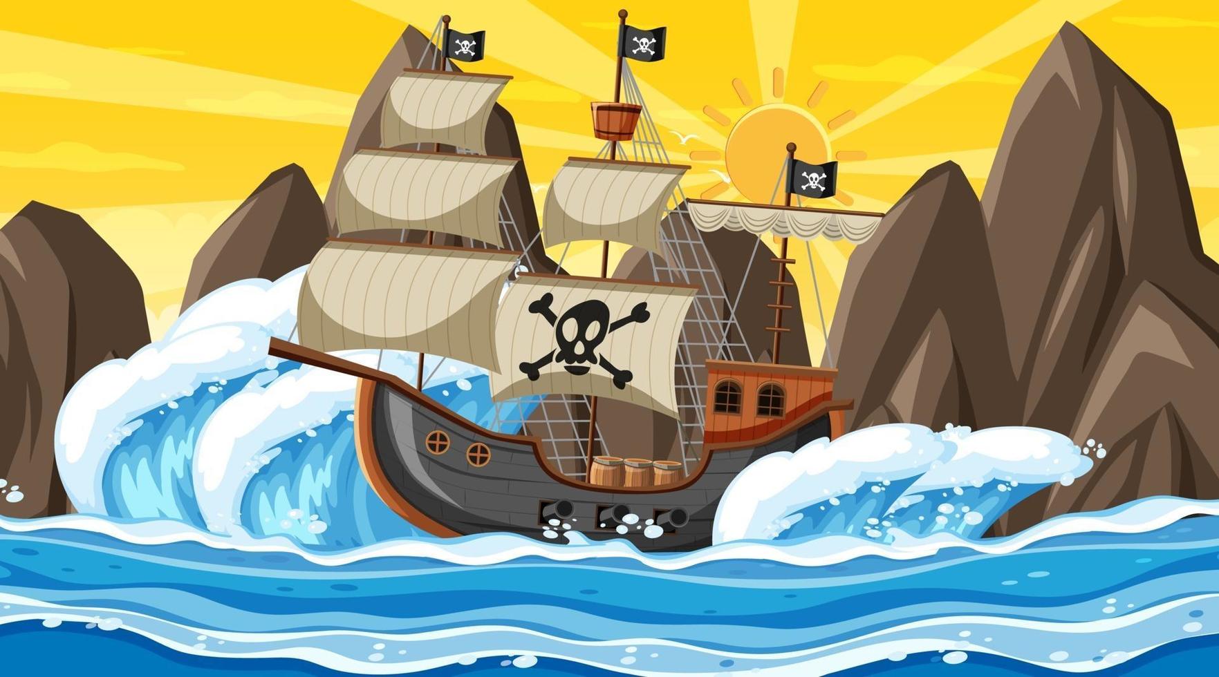 oceano com navio pirata na cena do pôr do sol no estilo cartoon vetor