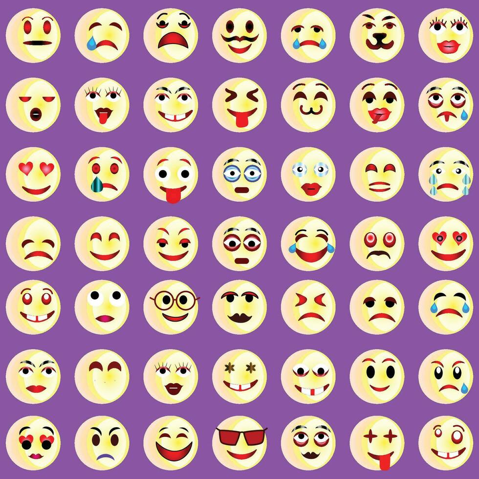 conjunto do emoticons. conjunto do emoji. sorrir ícones, engraçado desenho animado amarelo emoji e emoções ícone coleção. humor e facial emoção ícones. choro, sorriso, rindo, alegre, triste, Bravo e feliz rostos, vetor