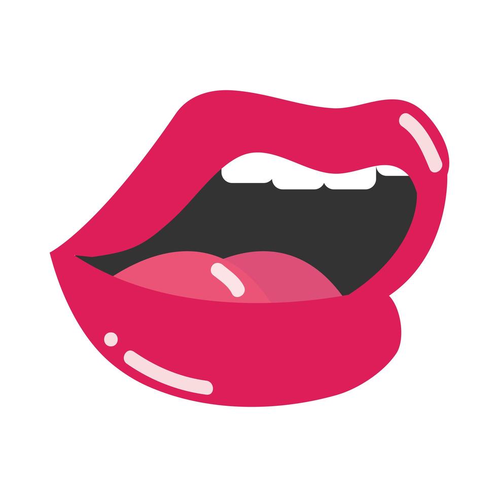 boca e lábios da pop art abrem lábios vermelhos molhados sensuais com design de ícone plano de dentes vetor