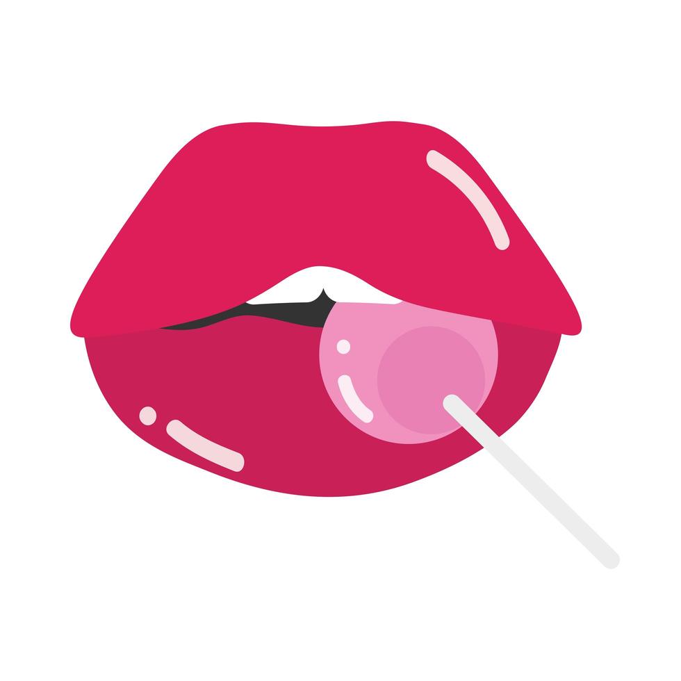 boca e lábios pop art boca sexy com doces em design de ícone de vara plana vetor