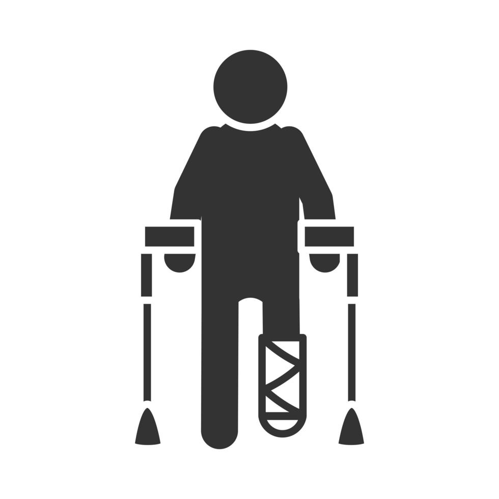 pessoa com muletas e perna engessada ícone da silhueta do dia da deficiência mundial vetor