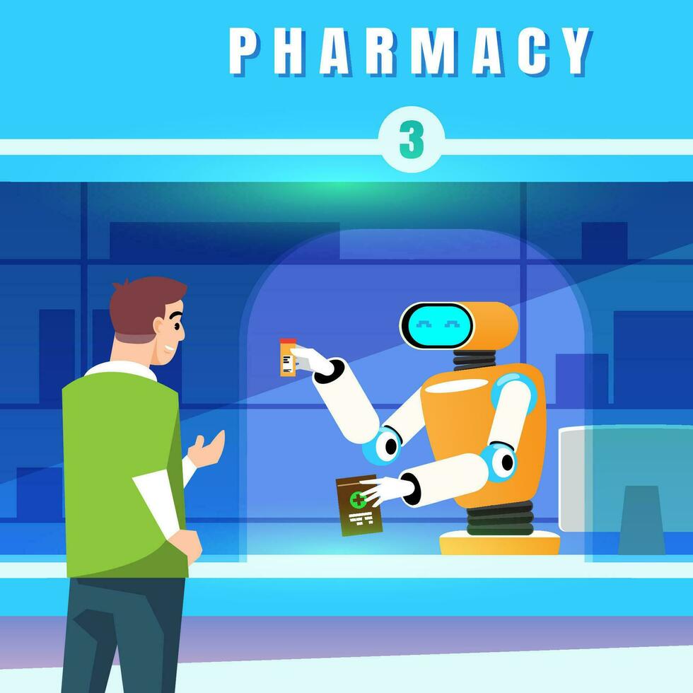 droga dispensar robô em vez de do funcionários, droga dispensar sala. artificial inteligência conceito com robô e humano personagens vetor ilustração