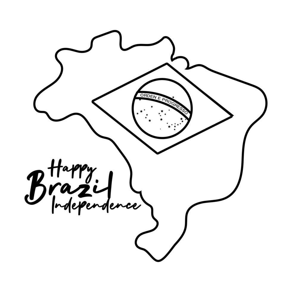 Feliz Dia da Independência Brasil cartão com bandeira em estilo de linha de mapa vetor