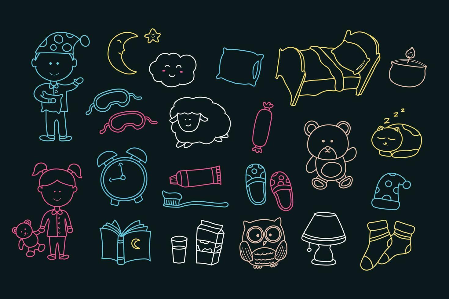 crianças desenhadas à mão desenhando ilustração vetorial conjunto de tempo de sono, ícone de hora de dormir no estilo doodle vetor