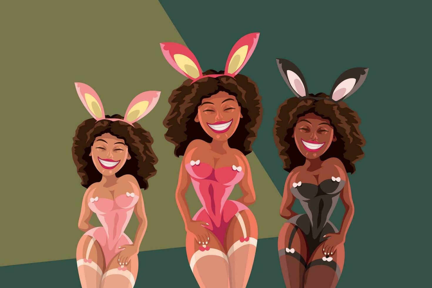 três sorridente jovem meninas vestindo sexy fantasias vetor