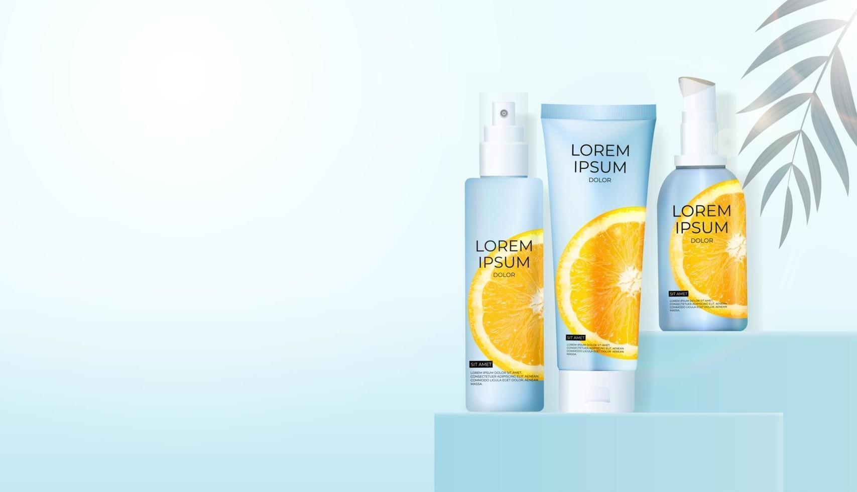 Garrafa de creme laranja vitamina c 3D realista sobre fundo azul claro. modelo de design de produto de moda cosmética. ilustração vetorial vetor