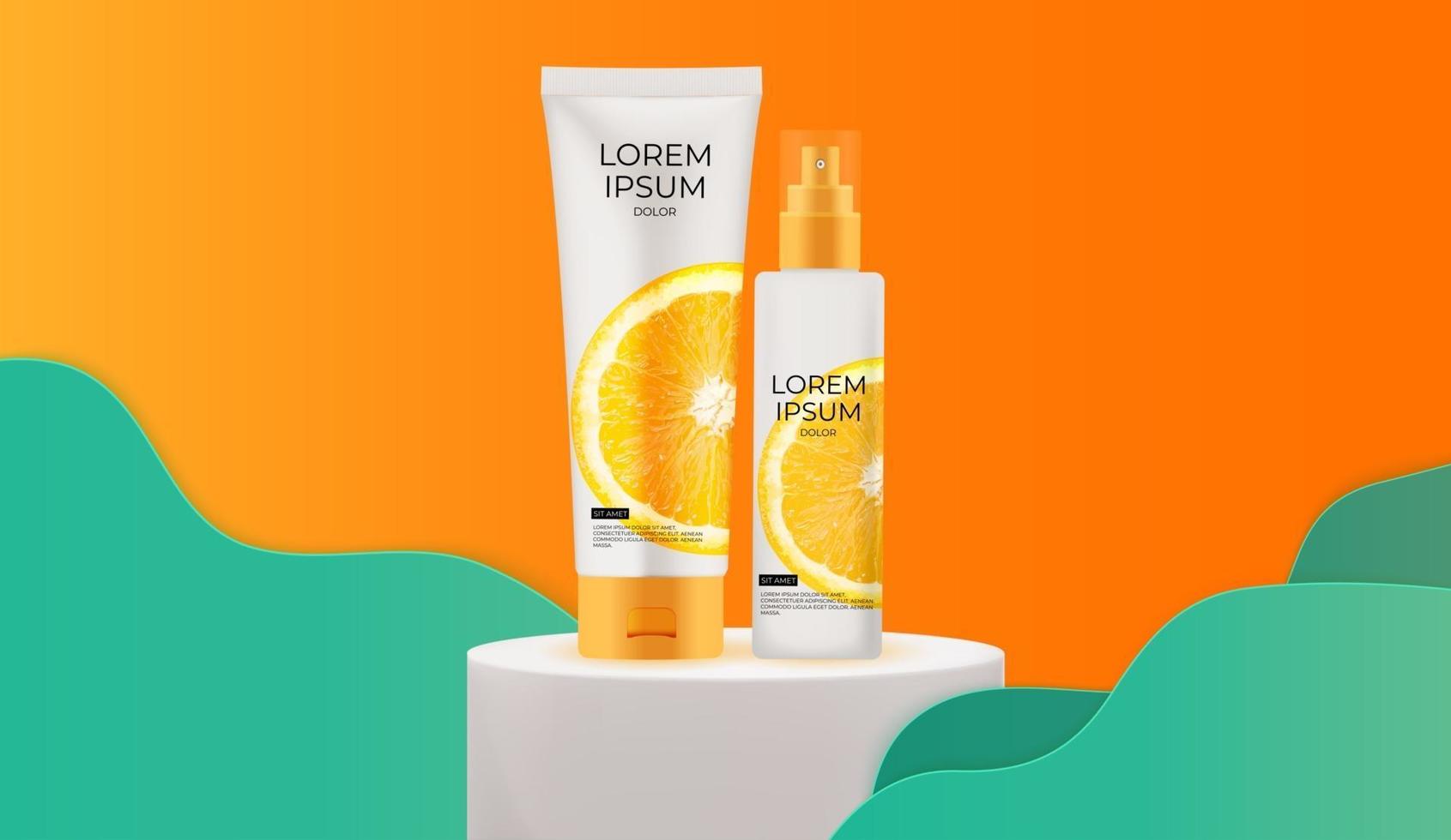 Fundo de garrafa de creme laranja 3D realista moderno vitamina c. modelo de design de produto de cosméticos da moda. ilustração vetorial vetor