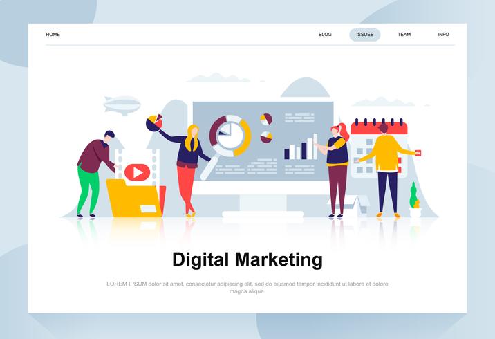 Conceito de design plano moderno de marketing digital. Publicidade e conceito de pessoas. Modelo de página de destino. Ilustração em vetor plana conceitual para a página da web, site e site móvel.