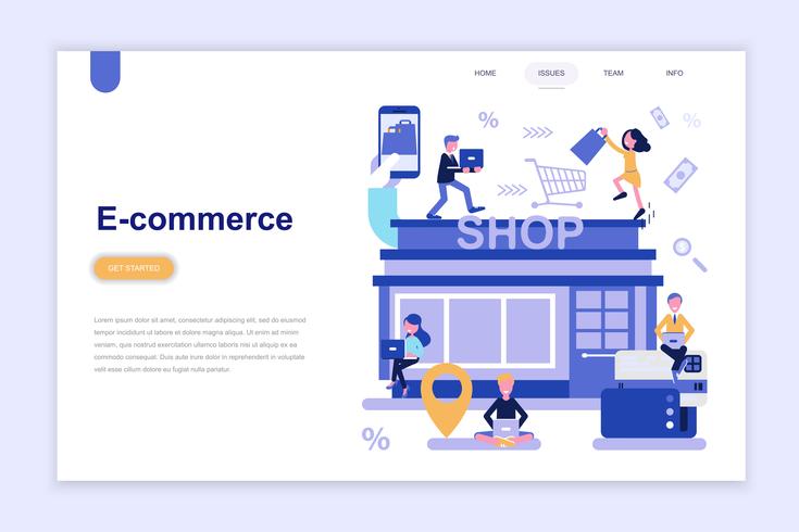 Modelo de página de aterrissagem do e-commerce e compras conceito moderno design plano. Aprendizagem e conceito de pessoas. Ilustração em vetor plana conceitual para a página da web, site e site móvel.