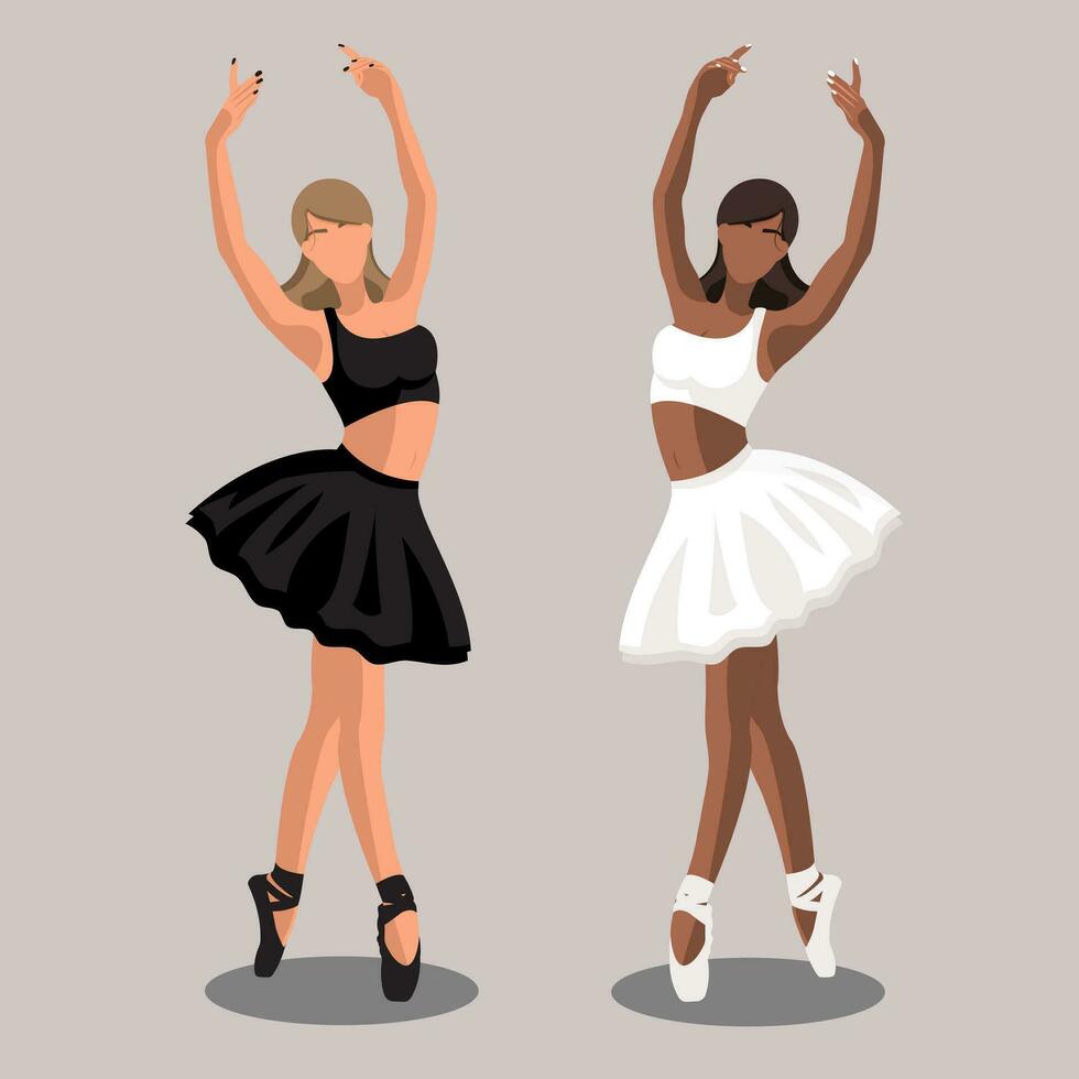 vetor ilustração clássico balé. africano americano com uma caucasiano branco sem rosto bailarinas dentro Preto e branco tutus e ponta sapatos dançando em roxa fundo dentro uma plano estilo