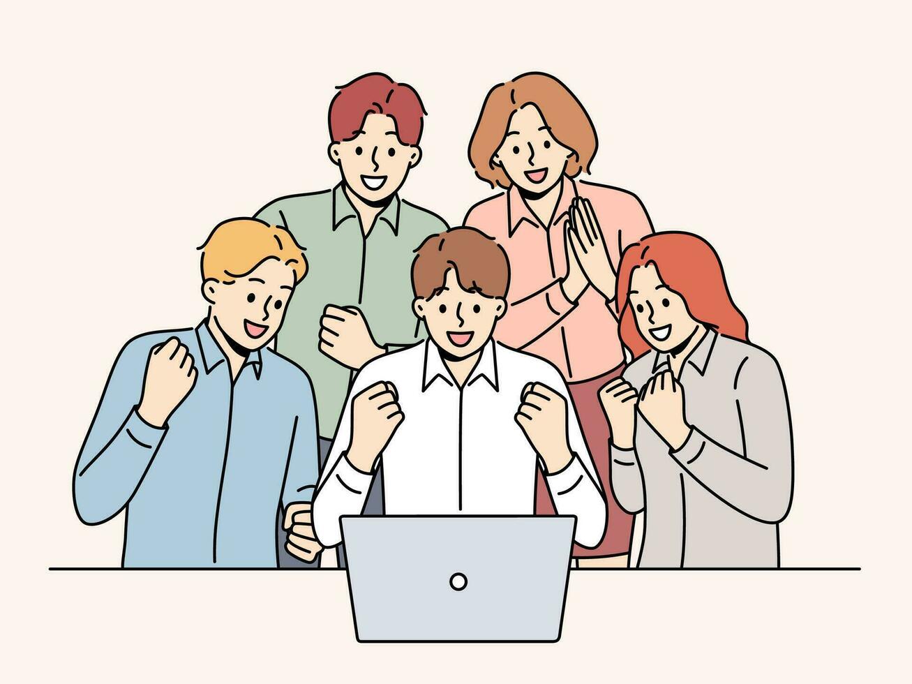 feliz equipe coworking em computador portátil comemoro compartilhado o negócio ganhar ou sucesso. sorridente pessoas de negócio animado com Boa resultados colaborando em computador dentro escritório. vetor ilustração.