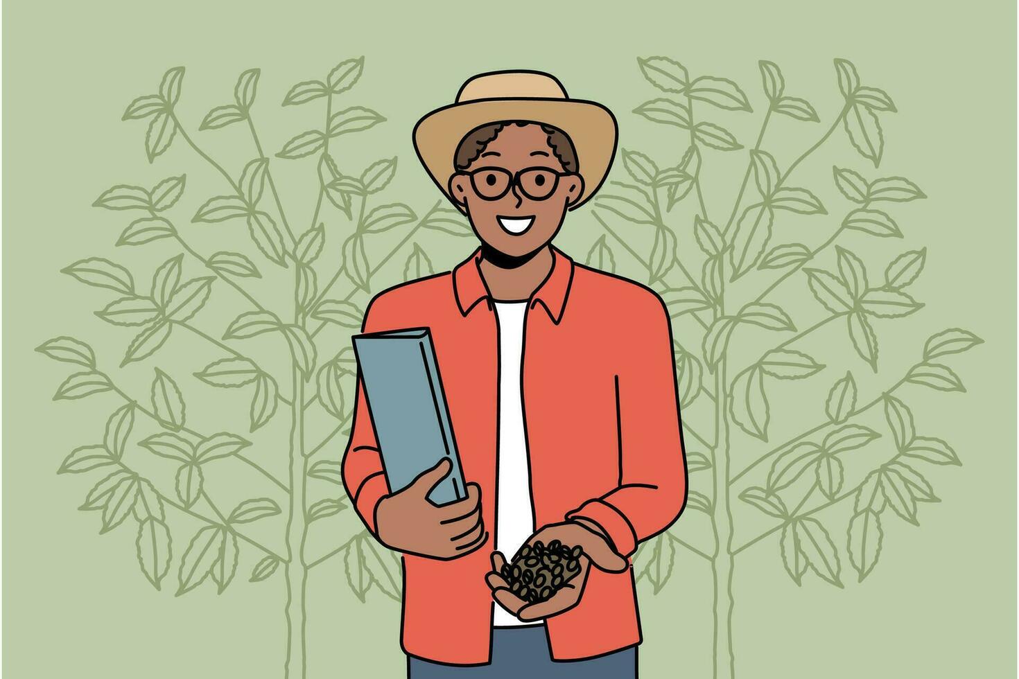 sorridente africano americano homem encontro cacau feijões dentro jardim. feliz Preto masculino com café feijões em plantação. agricultura e colheita. vetor ilustração.