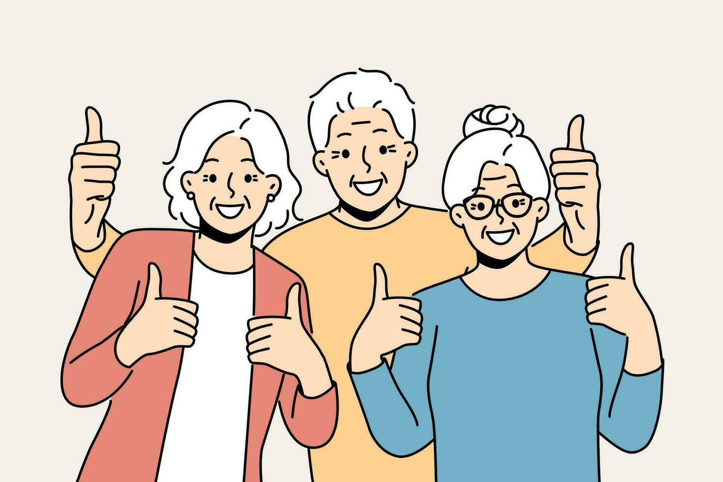 muito feliz idosos pessoas mostrando polegares acima desfrutando maturidade. sorridente velho avós sentindo-me otimista e positivo. vetor ilustração.