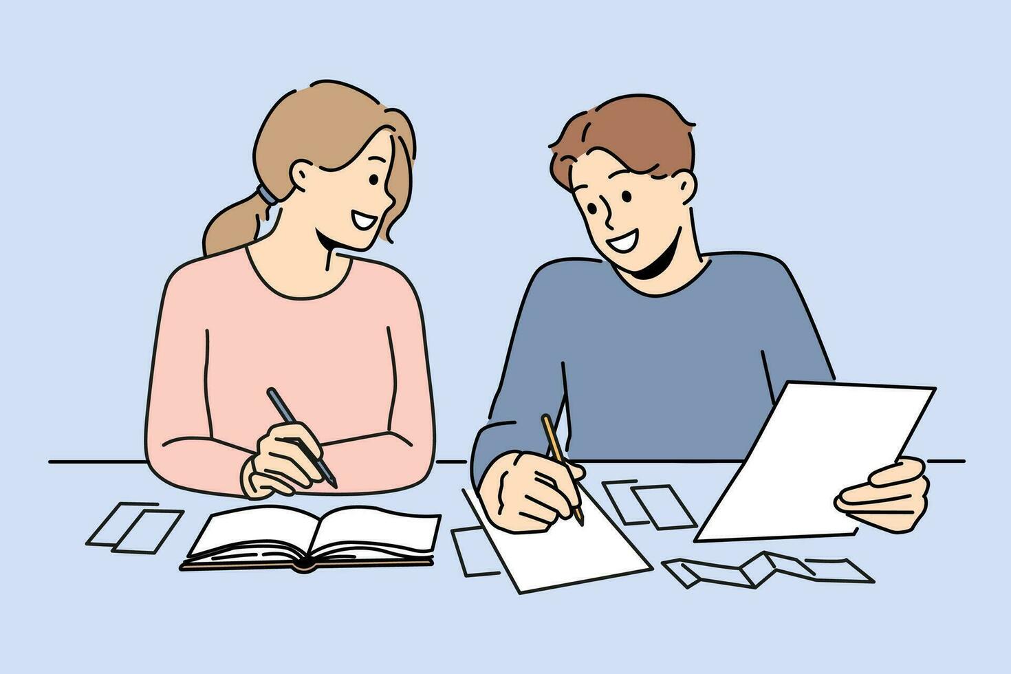 sorridente casal sentar às escrivaninha gerenciando finanças. feliz homem e mulher levar Cuidado do família orçamento, planejamento despesas. vetor ilustração.