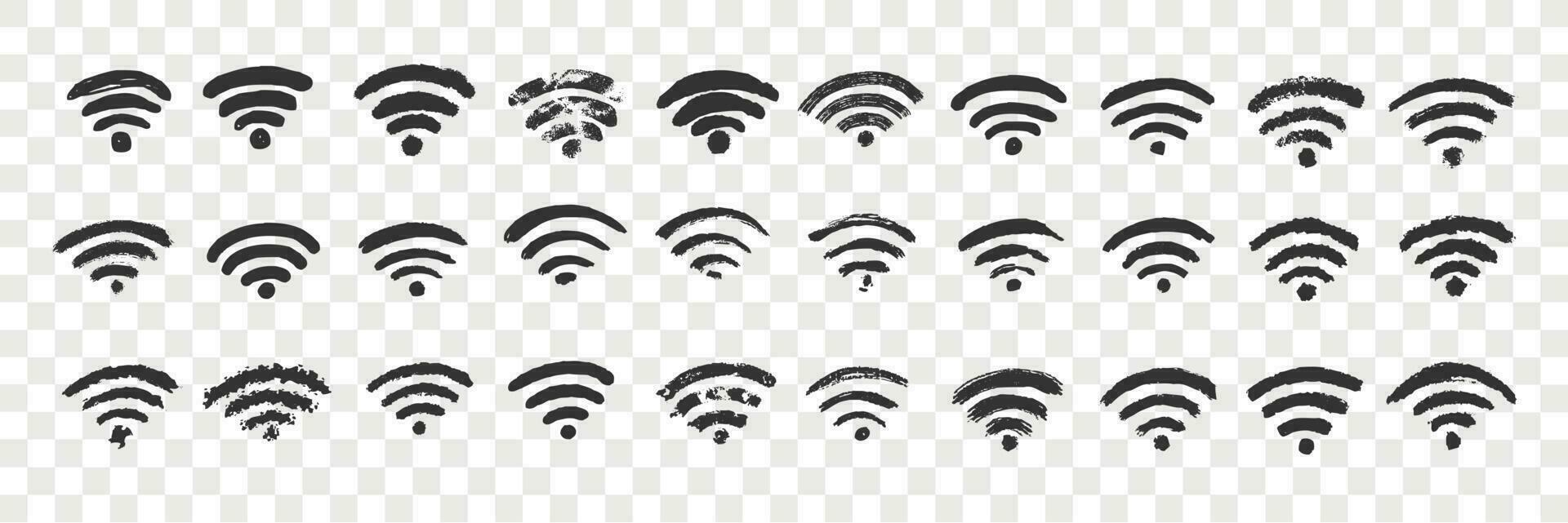 mão desenhado Wi-fi placa rabisco definir. coleção do caneta tinta lápis desenhando esboços do Internet conexão indicador isolado em transparente fundo. ilustração do Móvel ou rede símbolo vetor