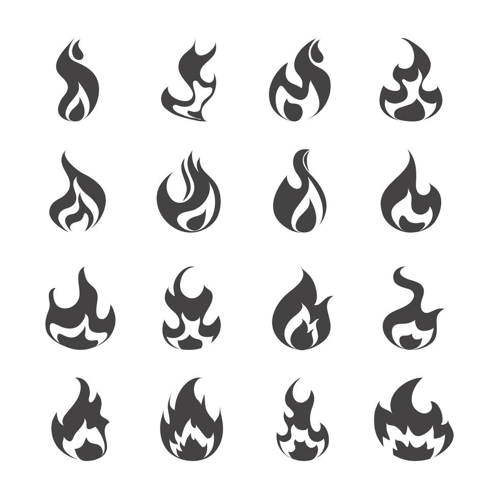 conjunto de ícones de design plano de chama de fogo queimando brilho quente vetor