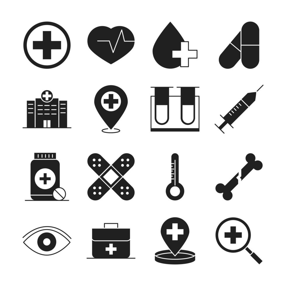 conjunto de ícones de estilo de silhueta de pictograma médico e hospitalar vetor