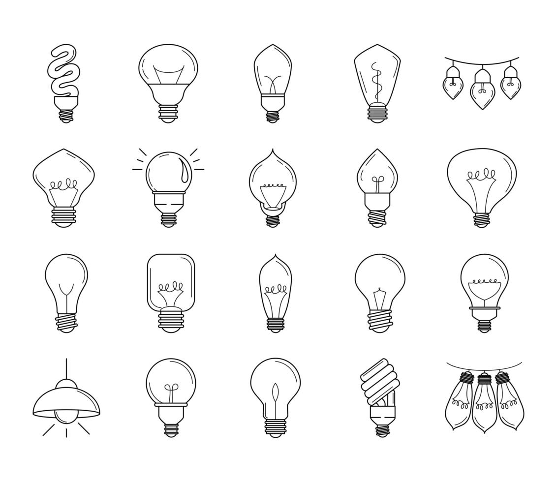 lâmpada elétrica eco ideia metáfora conjunto de ícones de estilo de linha isolado vetor