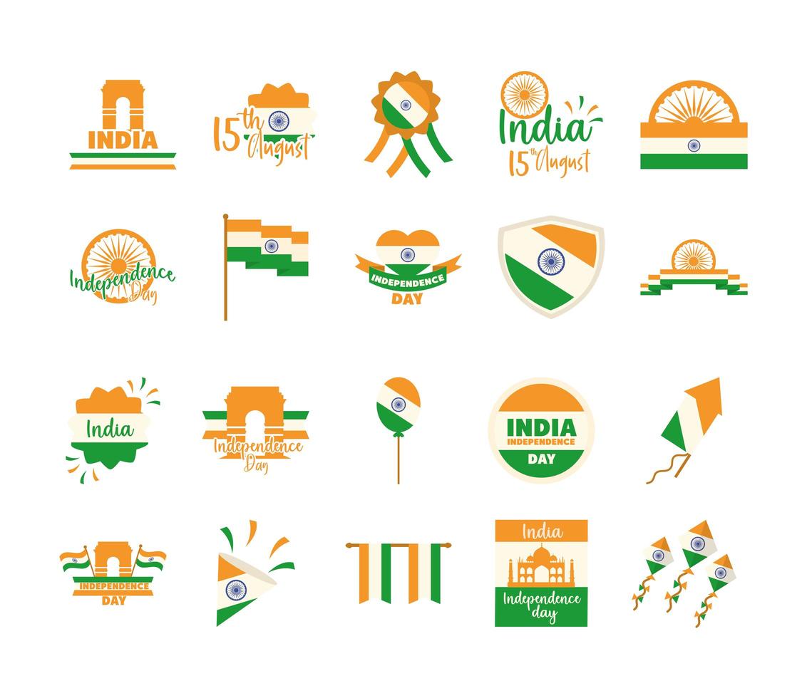 Feliz Dia da Independência, Índia, celebração de liberdade, ícones nacionais definir estilo simples vetor