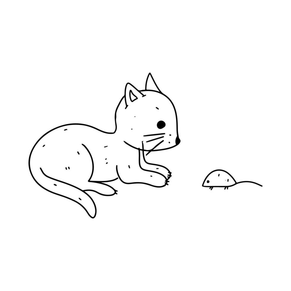 fofa gatinho preparando para comer. mão desenhado rabisco estilo. vetor ilustração isolado em branco. coloração página.